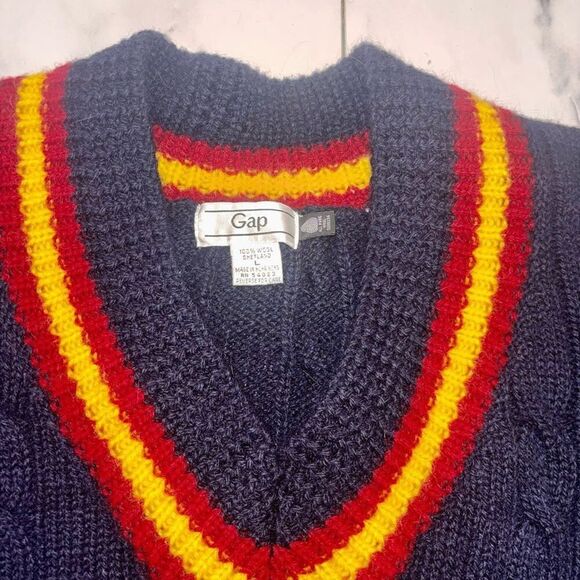Deadstock 1990s GAP Cable Knit Cricket Sweater Navy Yellow Red Tags M - Picture 6 of 11